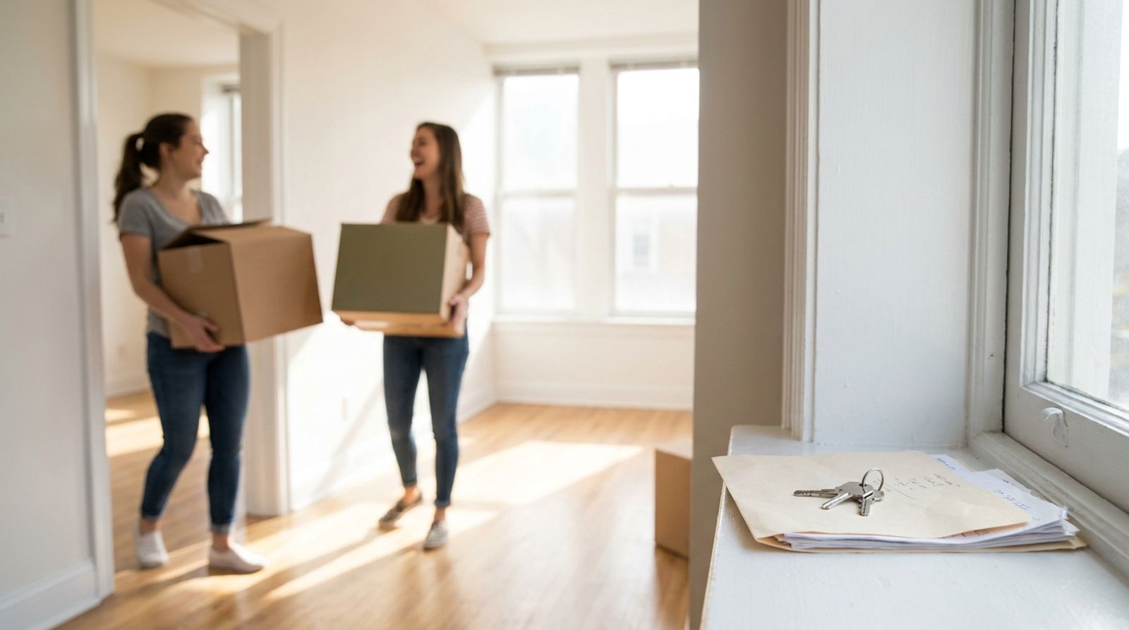 Two roommates carrying moving boxes into a bright empty apartment, keys and a folder of bills on the windowsill