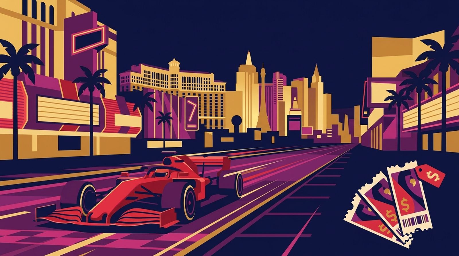 Flat vector illustration of a red Formula 1 car racing along a neon-lit Las Vegas street circuit at night, with glowing casino towers behind and four race ticket stubs and price tags in the corner