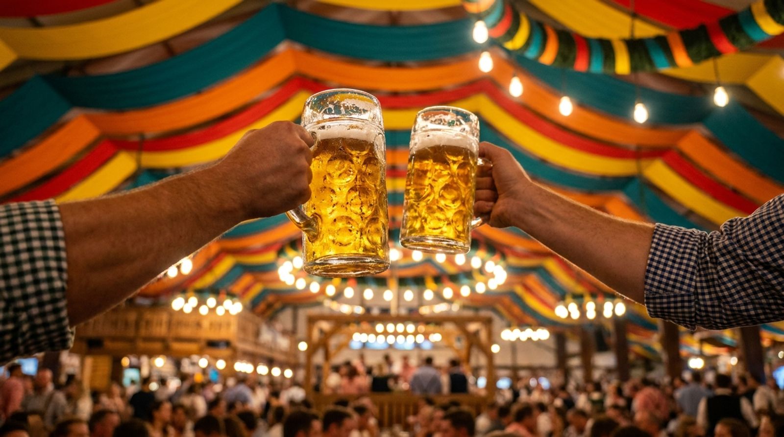 Night scene inside an Oktoberfest beer tent, raised arms holding full litre steins of golden beer toward a colorful striped canopy, with glowing festival lights and a lively crowd blurred below