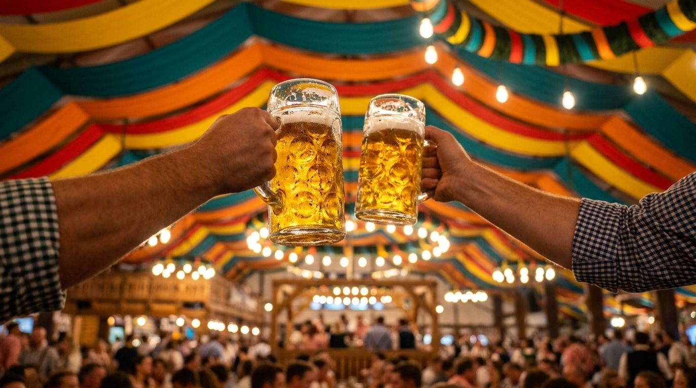 Night scene inside an Oktoberfest beer tent, raised arms holding full litre steins of golden beer toward a colorful striped canopy, with glowing festival lights and a lively crowd blurred below