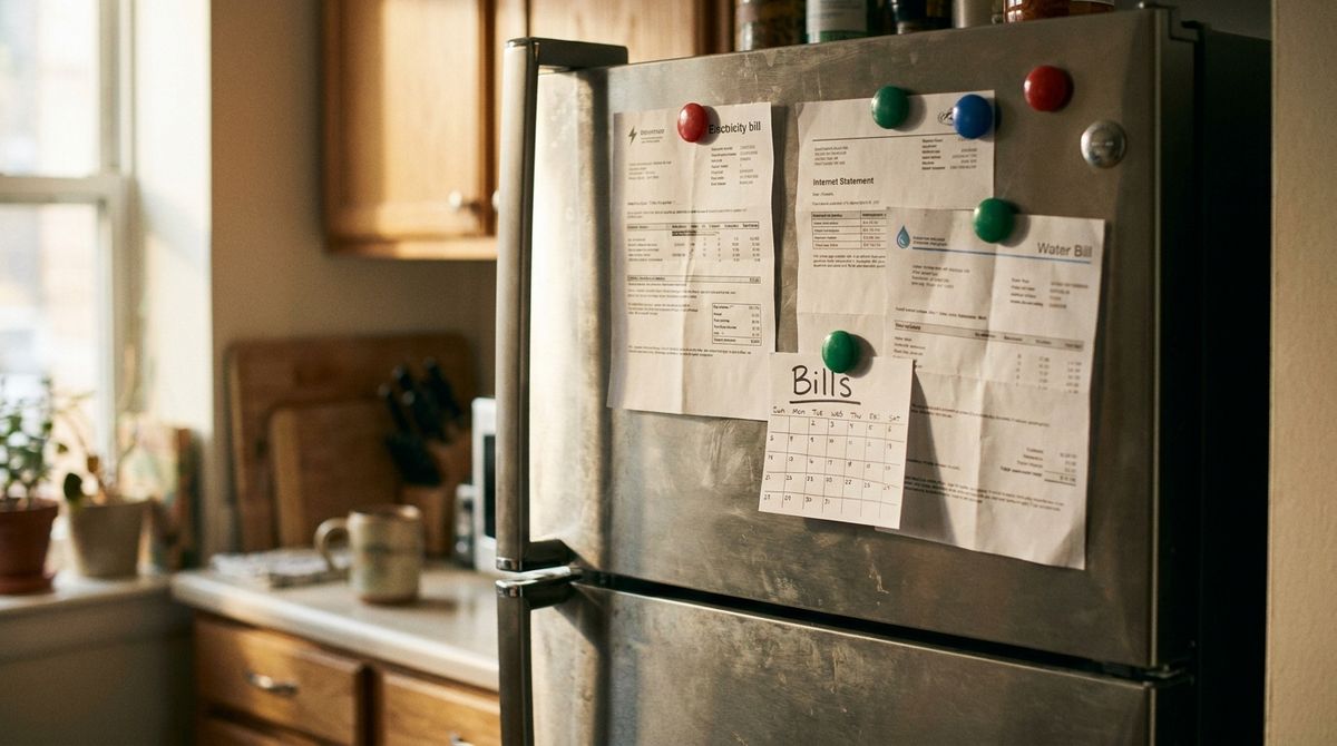 Fridge door in a shared apartment kitchen with utility bills, an internet statement and a handwritten monthly bill schedule pinned under magnets, morning light, no people