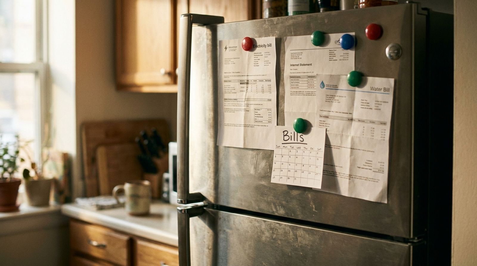 Fridge door in a shared apartment kitchen with utility bills, an internet statement and a handwritten monthly bill schedule pinned under magnets, morning light, no people