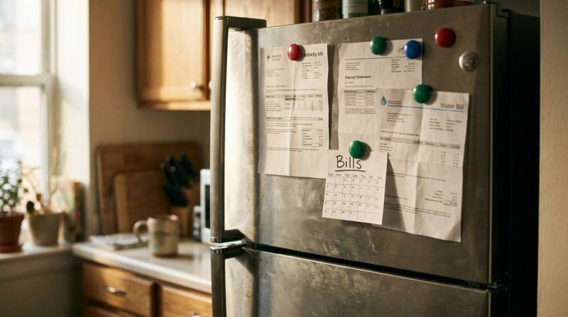 Fridge door in a shared apartment kitchen with utility bills, an internet statement and a handwritten monthly bill schedule pinned under magnets, morning light, no people
