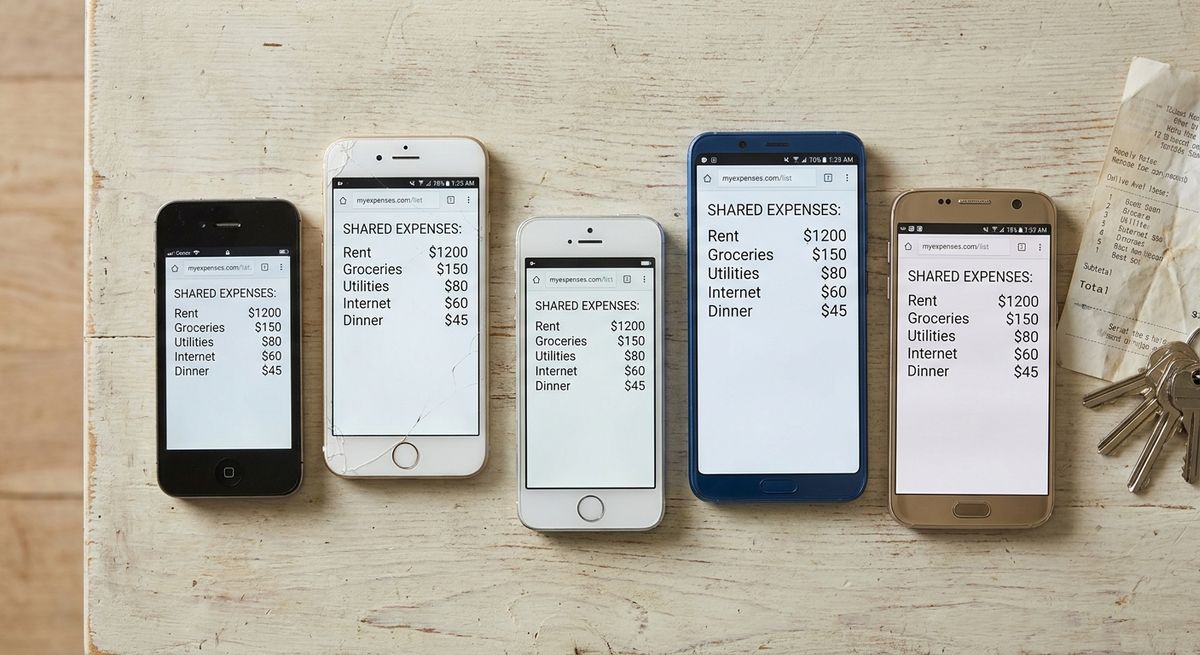 Overhead view of five mismatched phones laid out on a plain table, each showing the same shared expense list in a web browser, no app icons anywhere