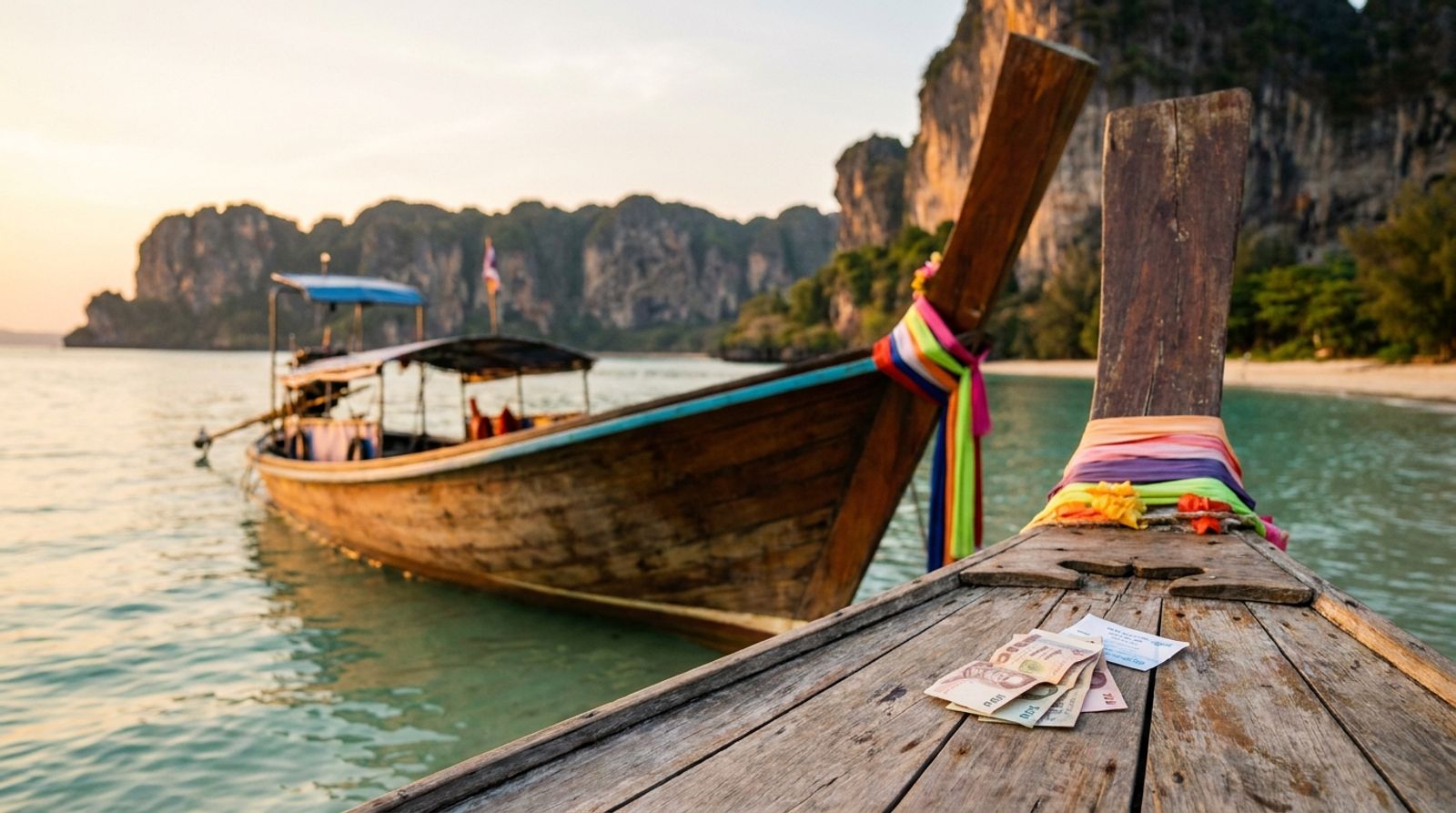 Eye-level photo at golden hour of a wooden Thai longtail boat with a colorful ribboned bow moored in shallow turquoise water off a sandy beach, tall limestone cliffs behind, a few Thai baht banknotes resting on the wooden bow of the boat in the foreground