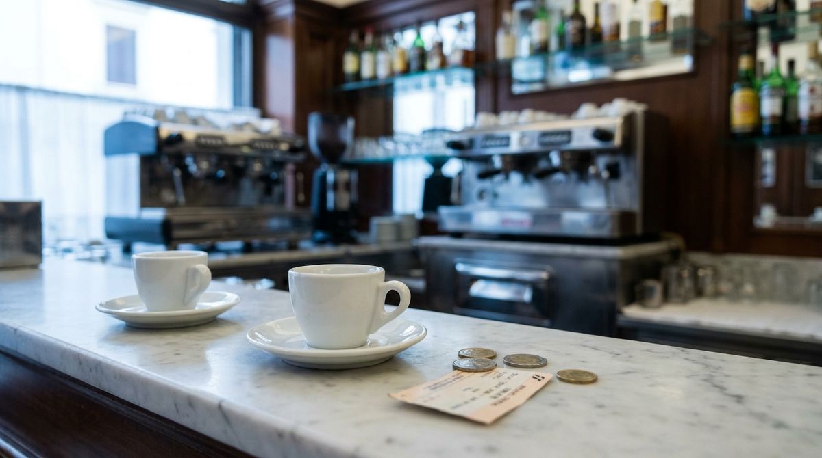 Eye-level photo in soft morning light of two espresso cups on saucers on a white marble bar counter in an Italian cafe, a few euro coins and a paper train ticket beside them, a blurred chrome espresso machine behind