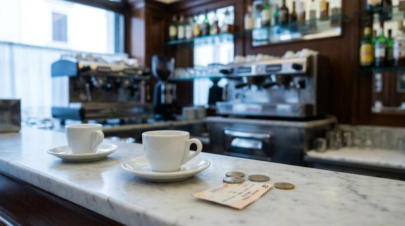 Eye-level photo in soft morning light of two espresso cups on saucers on a white marble bar counter in an Italian cafe, a few euro coins and a paper train ticket beside them, a blurred chrome espresso machine behind