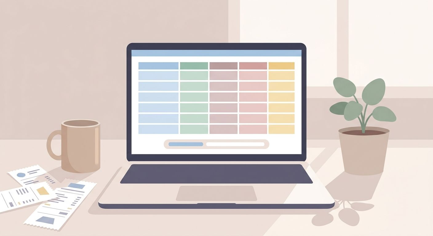 Illustration of a home desk with an open laptop showing a spreadsheet, paper receipts, a coffee mug and a plant