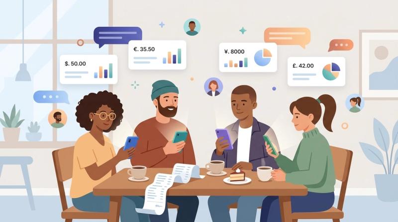 Illustration of four friends at a cafe table splitting a bill with their phones, with chat bubbles showing expense amounts in different currencies