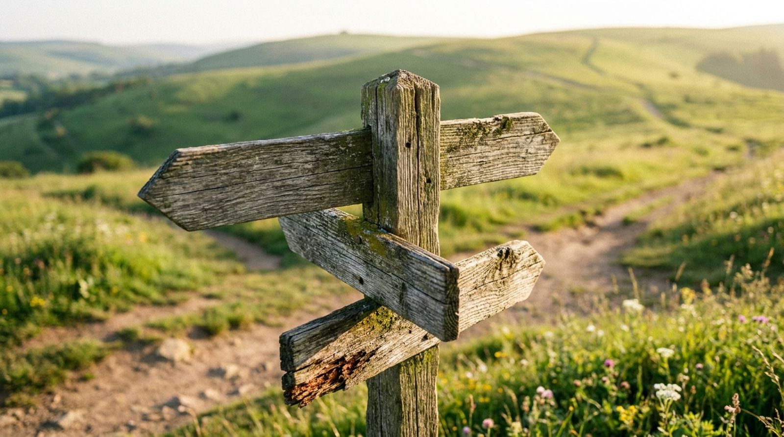 Wooden signpost with three direction arrows at a sunny trail junction, one path per app