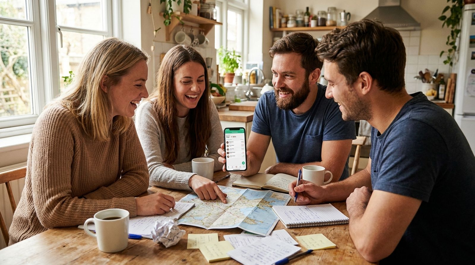 Photo of four friends around a kitchen table planning a weekend trip, with maps, coffee mugs, and a phone showing a shared expense list
