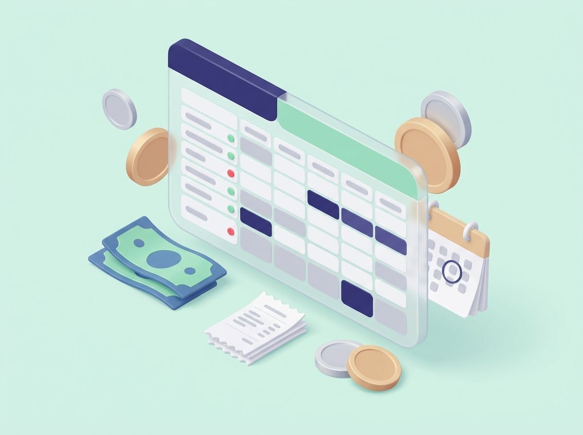 Isometric illustration of a floating spreadsheet panel with shaded and indigo-highlighted cells and small green and red status chips, surrounded by oversized coins, folded banknotes, a stack of receipts and a calendar page
