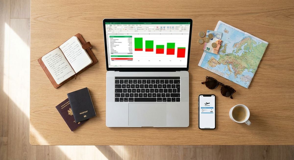 Overhead flat-lay of a wooden table set up for trip planning: an open laptop showing a colourful budget spreadsheet, a notebook with a handwritten packing list, two passports, a folded map, a few euro notes and coins, and a phone showing a boarding pass