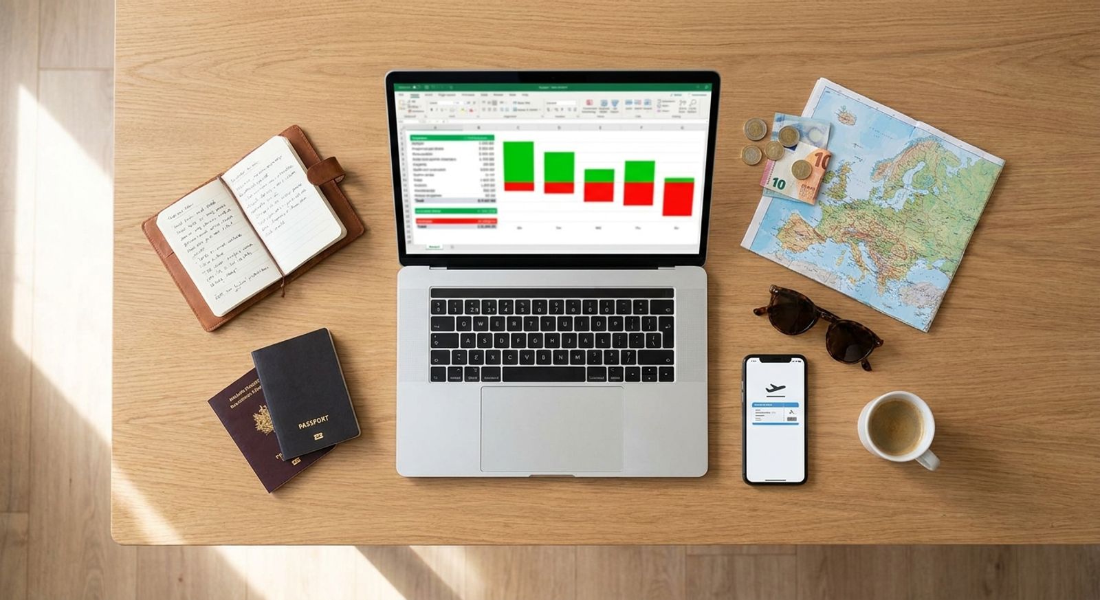 Overhead flat-lay of a wooden table set up for trip planning: an open laptop showing a colourful budget spreadsheet, a notebook with a handwritten packing list, two passports, a folded map, a few euro notes and coins, and a phone showing a boarding pass