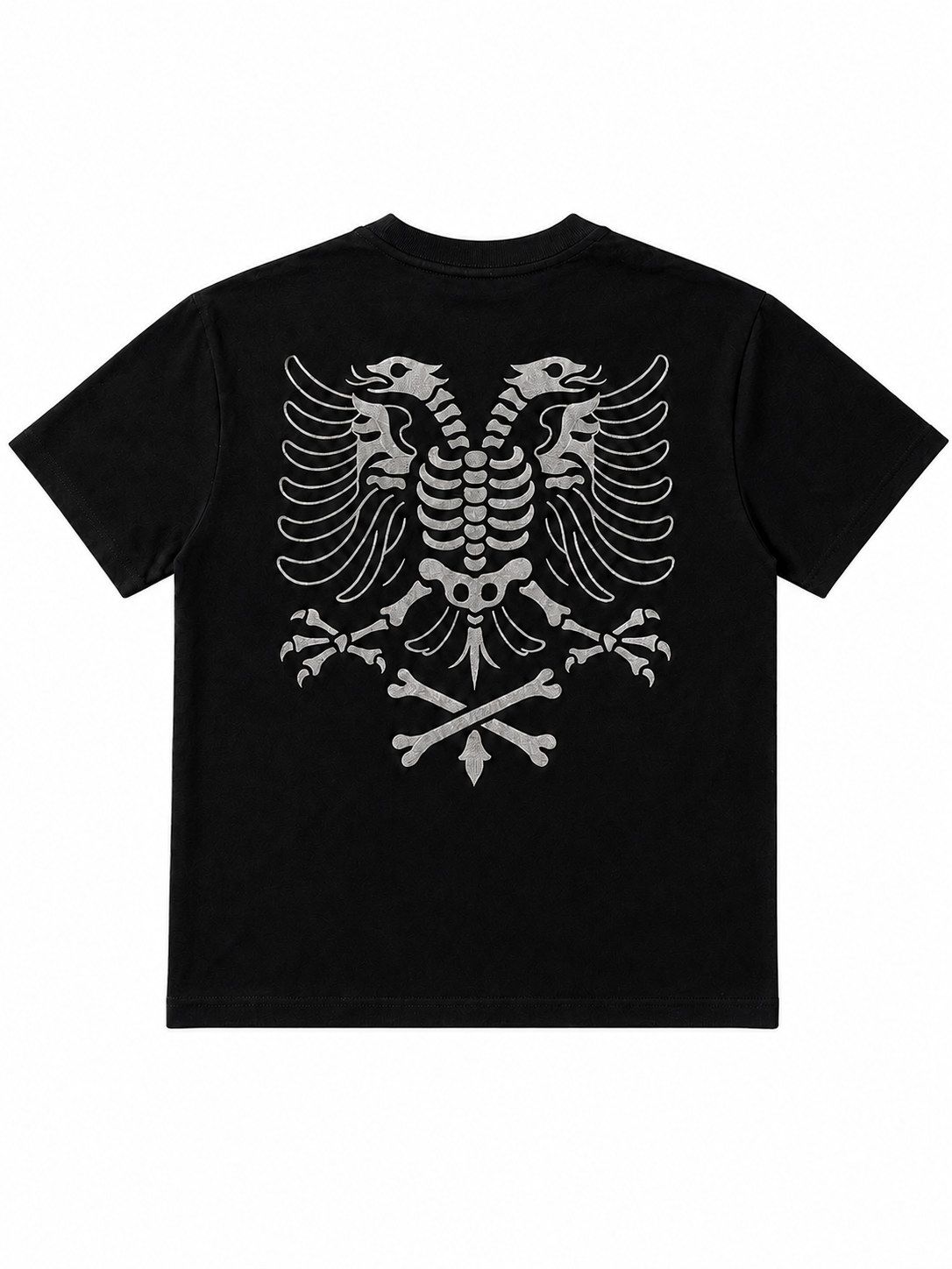 Eagle Tee in black with antique silver embroidery — back, skeletal eagle