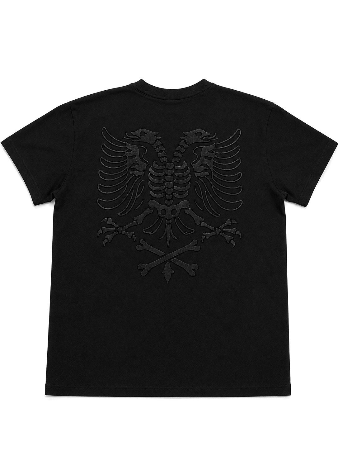 Eagle Tee in black with tonal black-on-black embroidery — back, skeletal eagle
