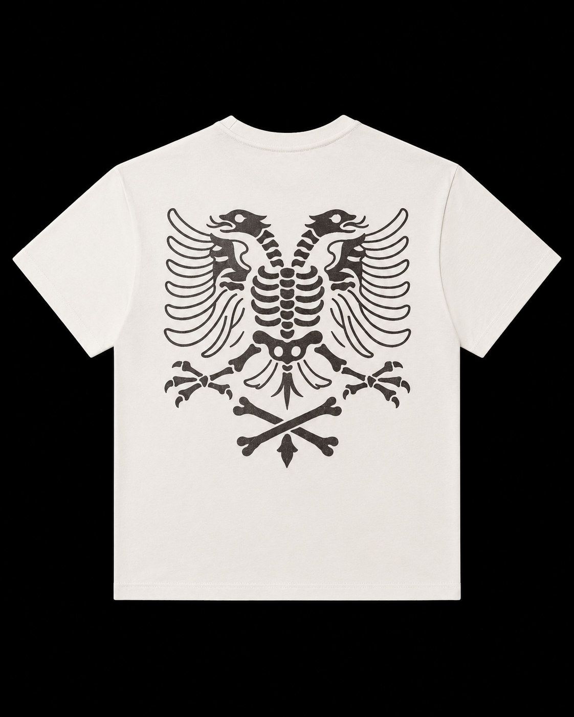 Eagle Tee in bone with charcoal embroidery — back, skeletal eagle