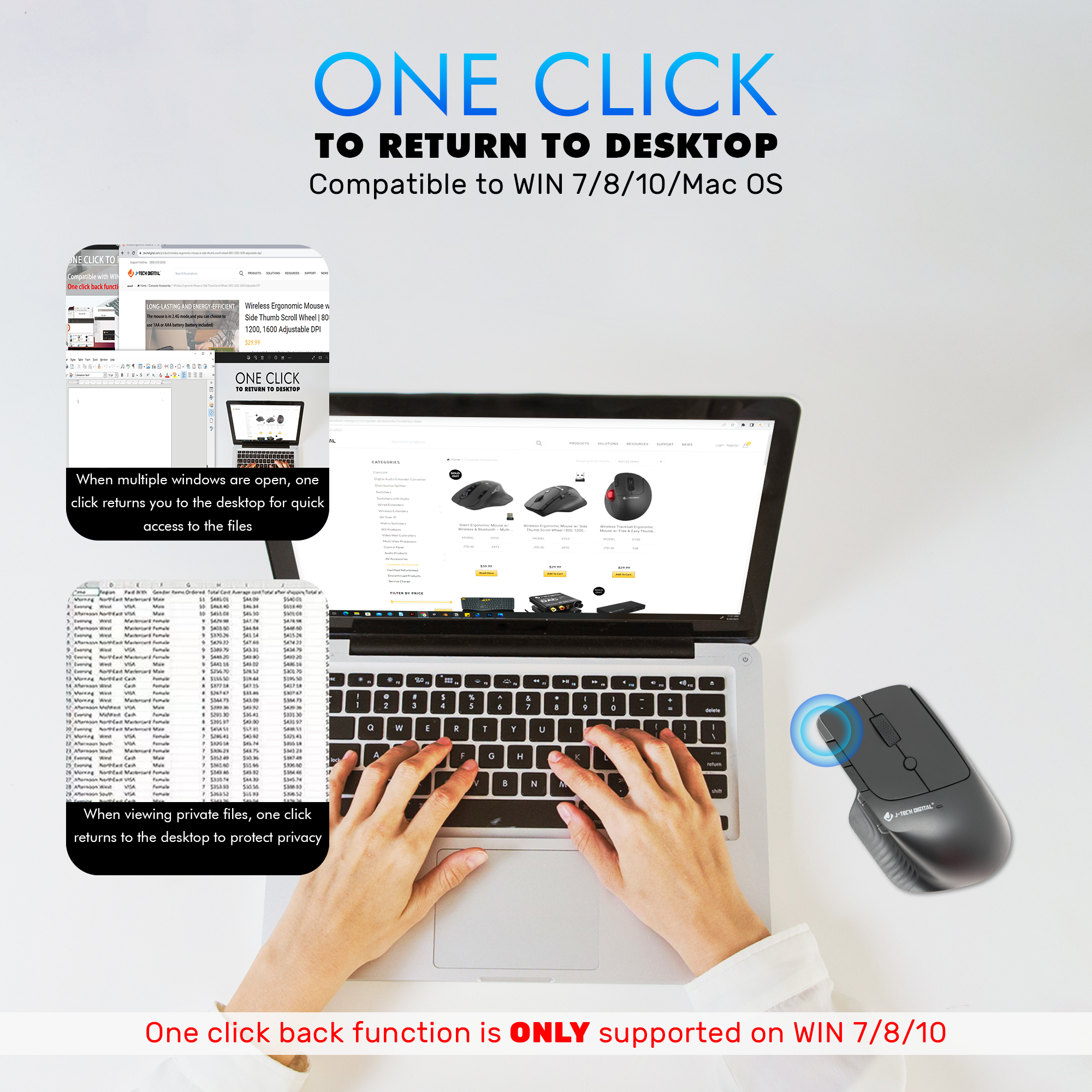 Wireless Ergonomic Mouse with Adjustable DPI, Side Thumb Scroll Wheel, and Comfortable Palm Rest (Black)