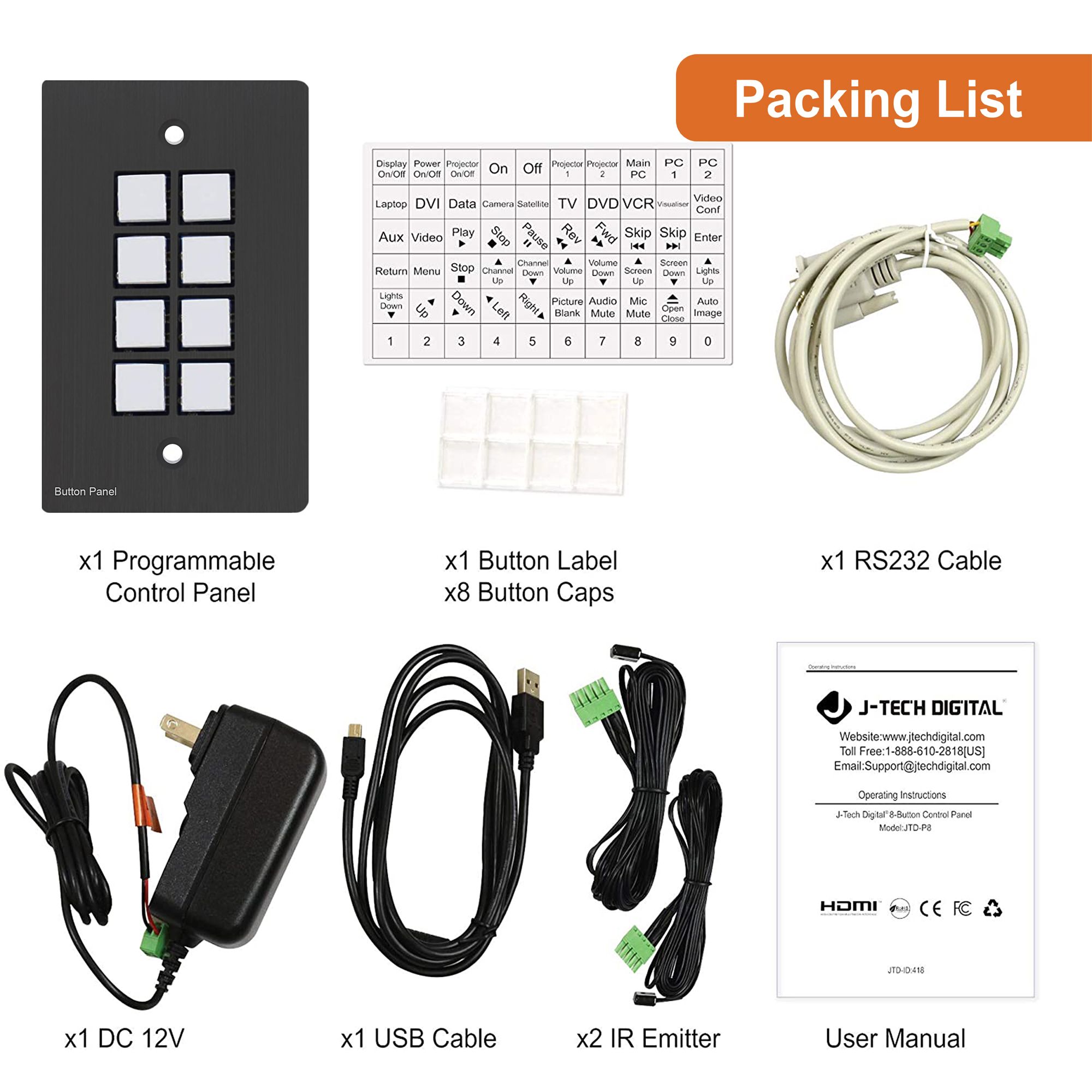 8-Button AV Control Panel Wall Plate with RS232 and IR Control (Black)