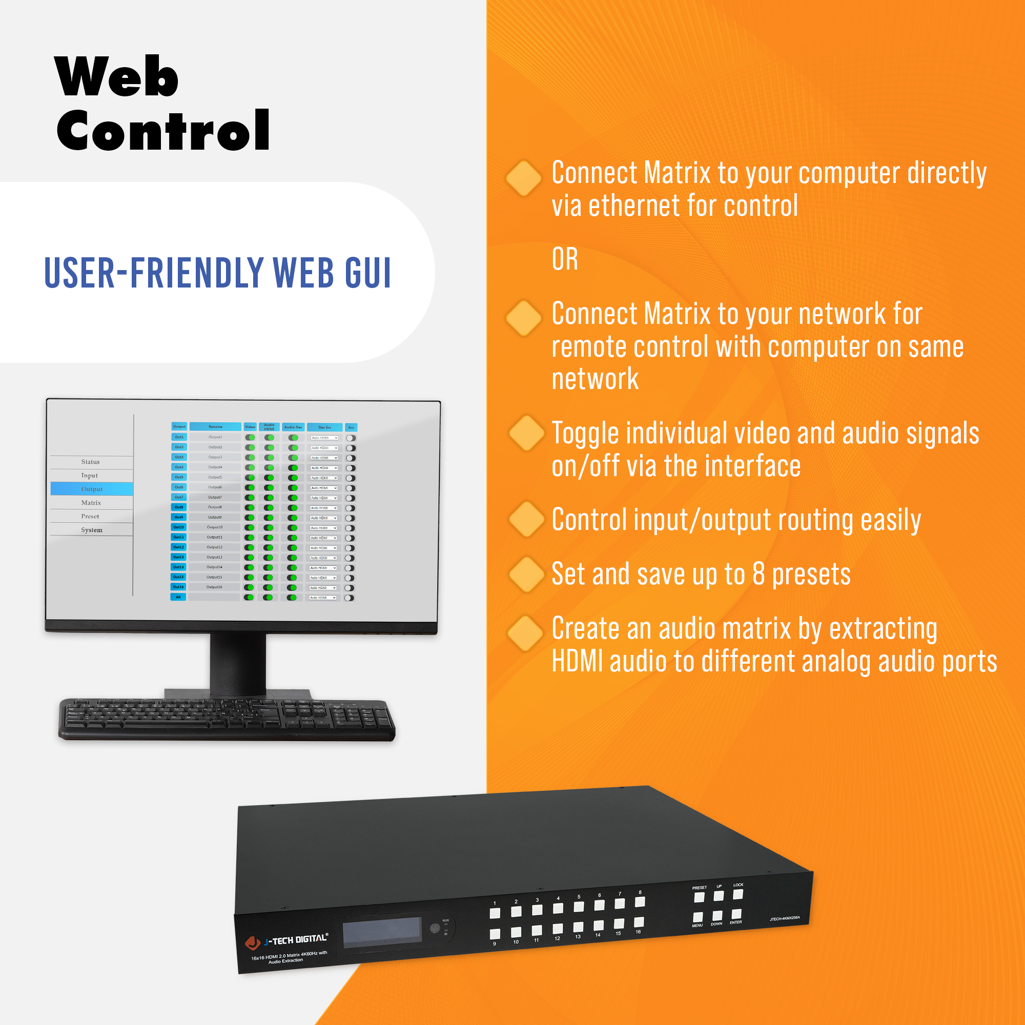 4K 60Hz 16x16 HDMI Matrix with 4K to 1080P Downscaling and Analog Audio Matrix