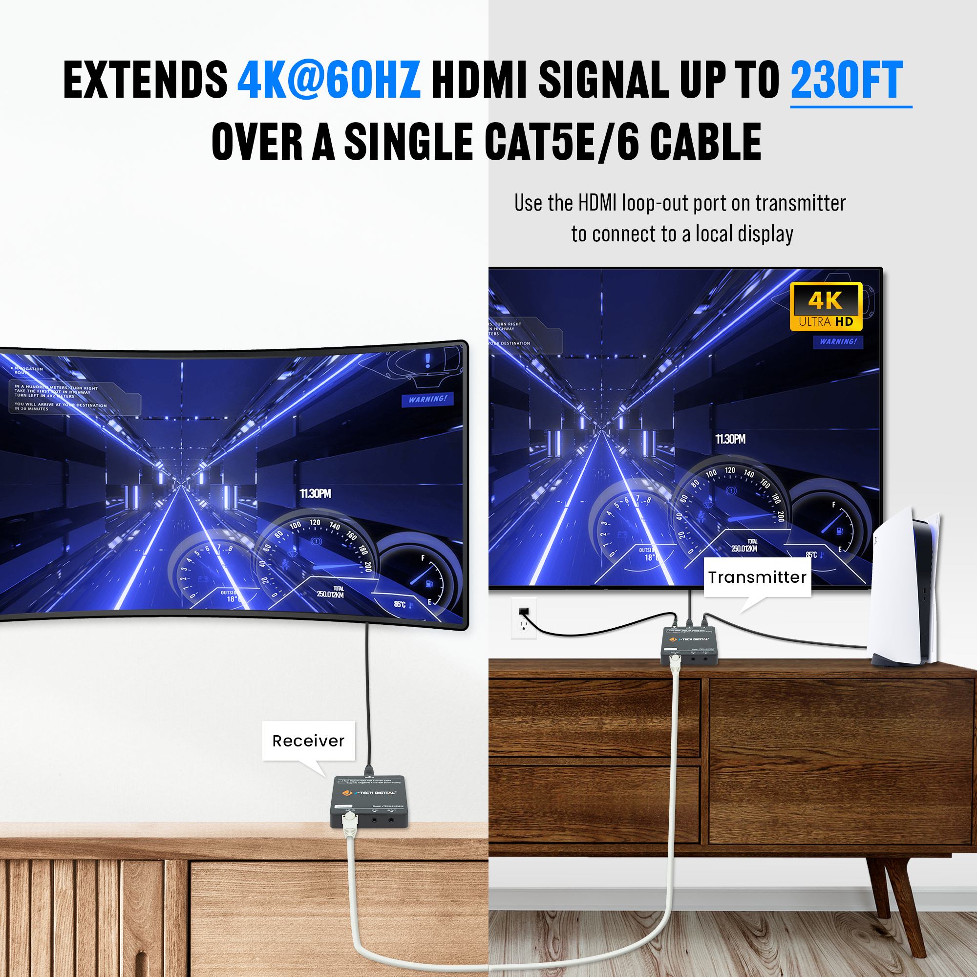 4K 60Hz HDMI Extender Over Ethernet with Downscaling and PoC (230ft.)