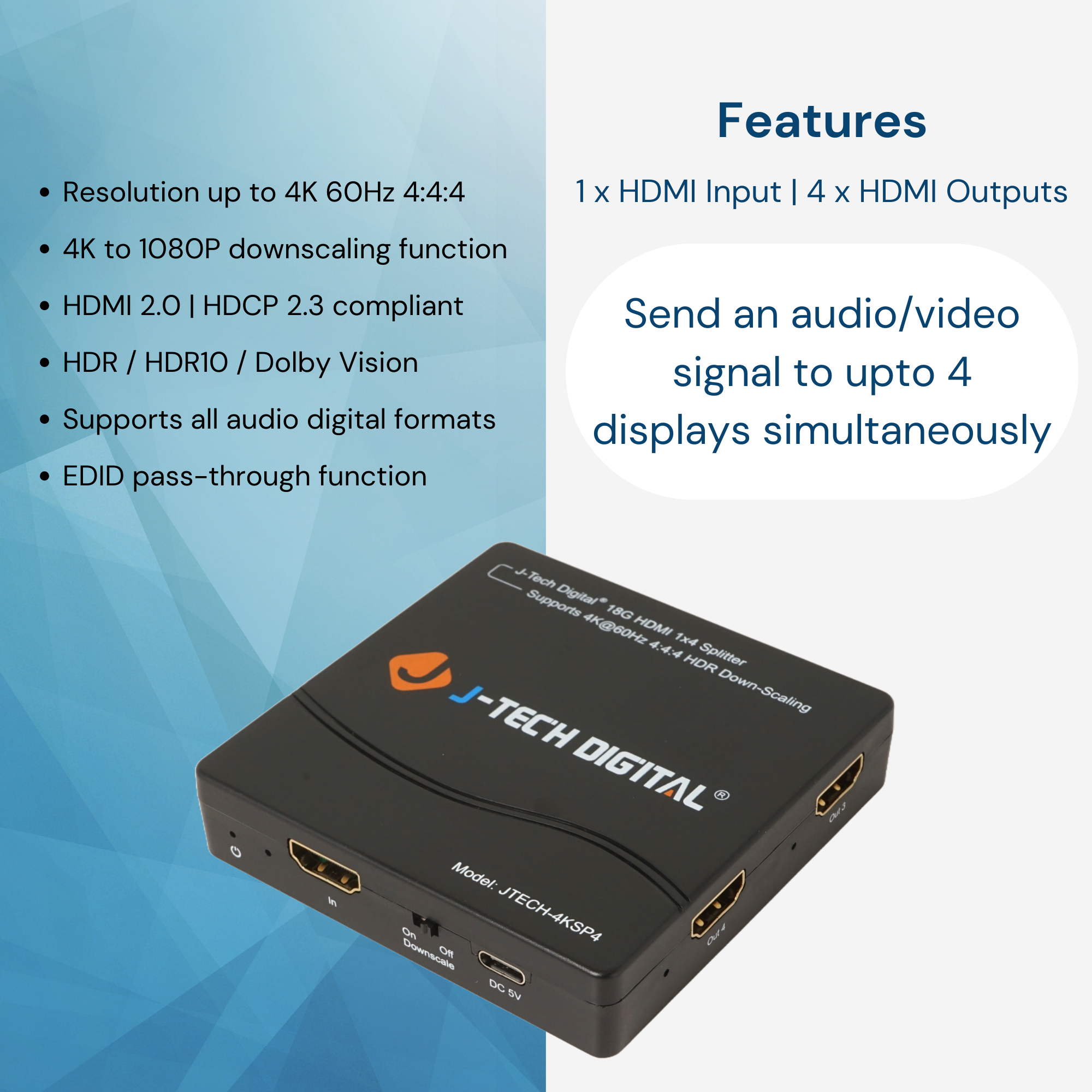 4K 60Hz 1x4 HDMI Splitter with Multi-Resolution Output (MRO) Function