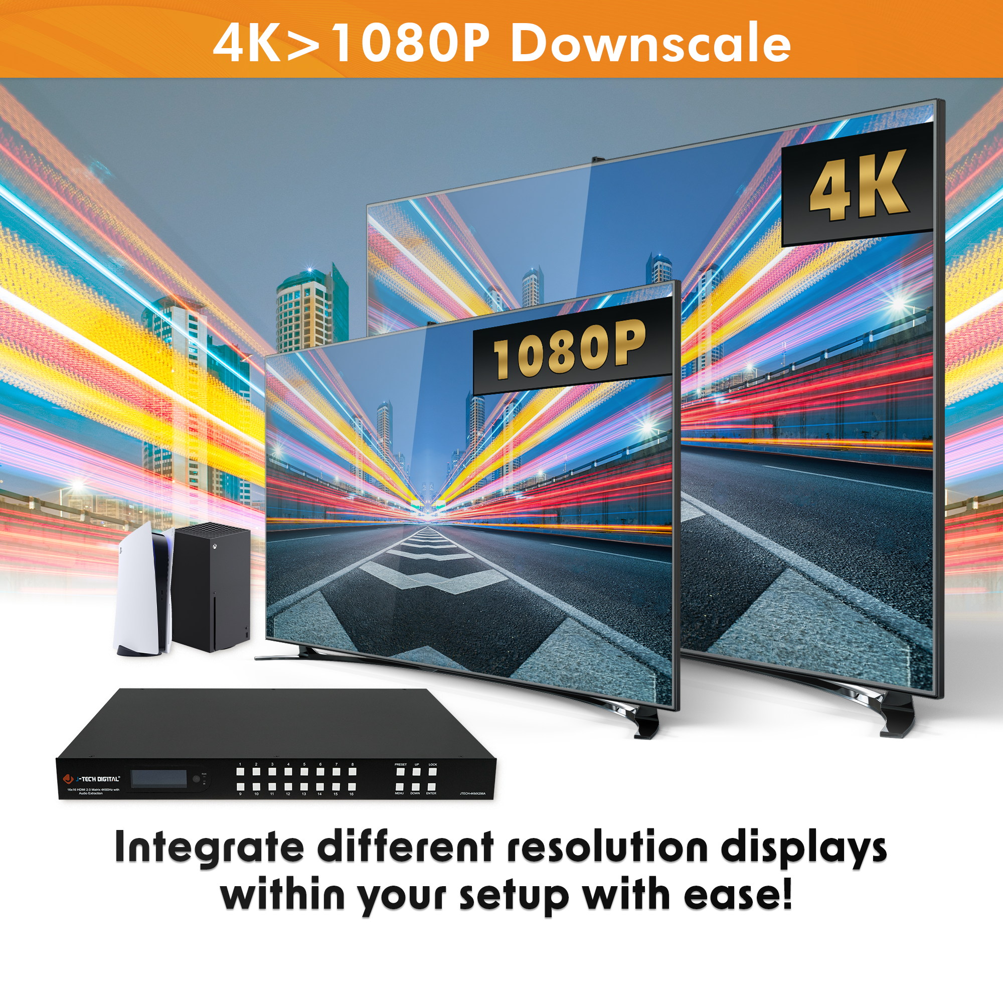 4K 60Hz 16x16 HDMI Matrix with 4K to 1080P Downscaling and Analog Audio Matrix