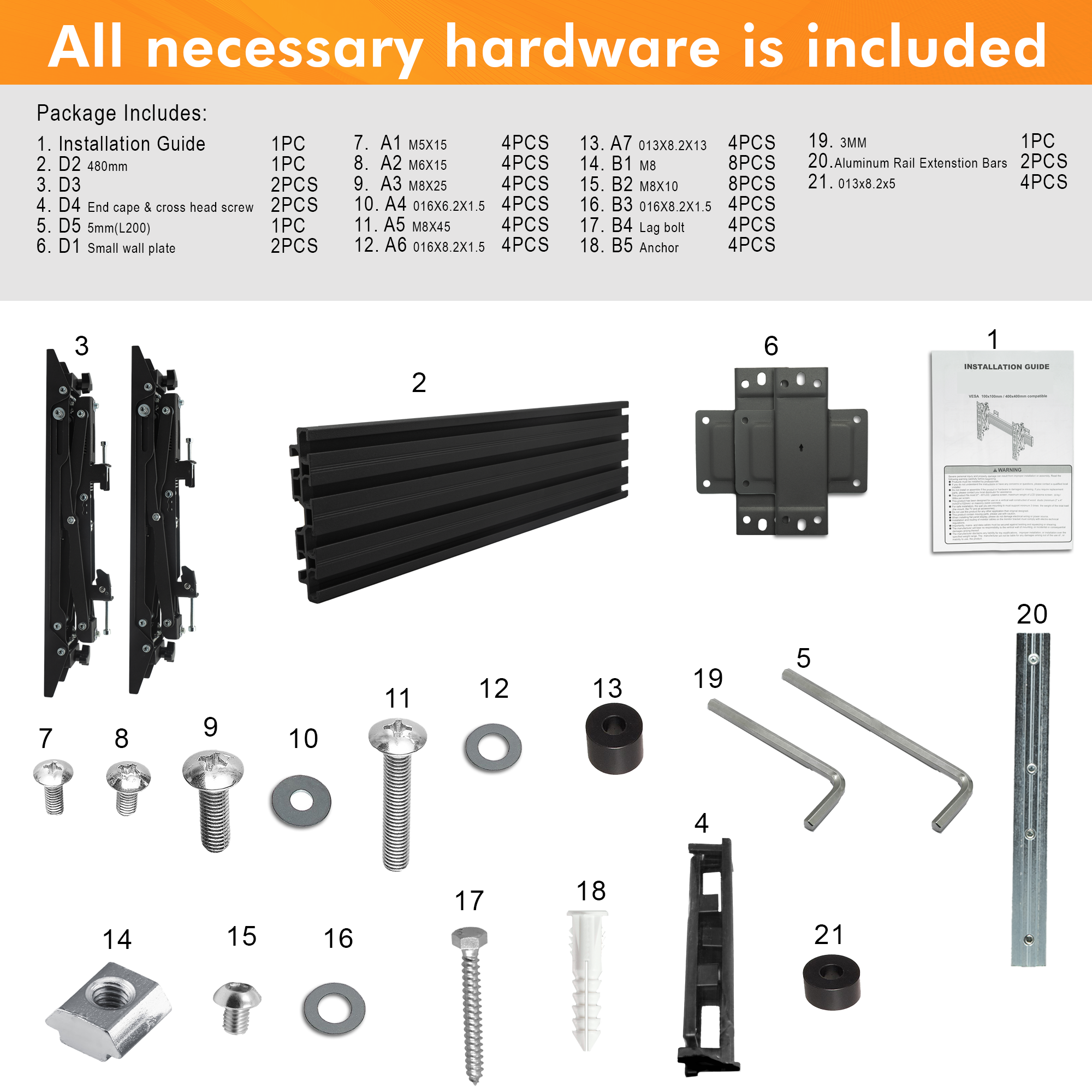 TV Video Wall Mount Kit 1000mm with Push-In Pop-Out Arms and Adjustable Tilt