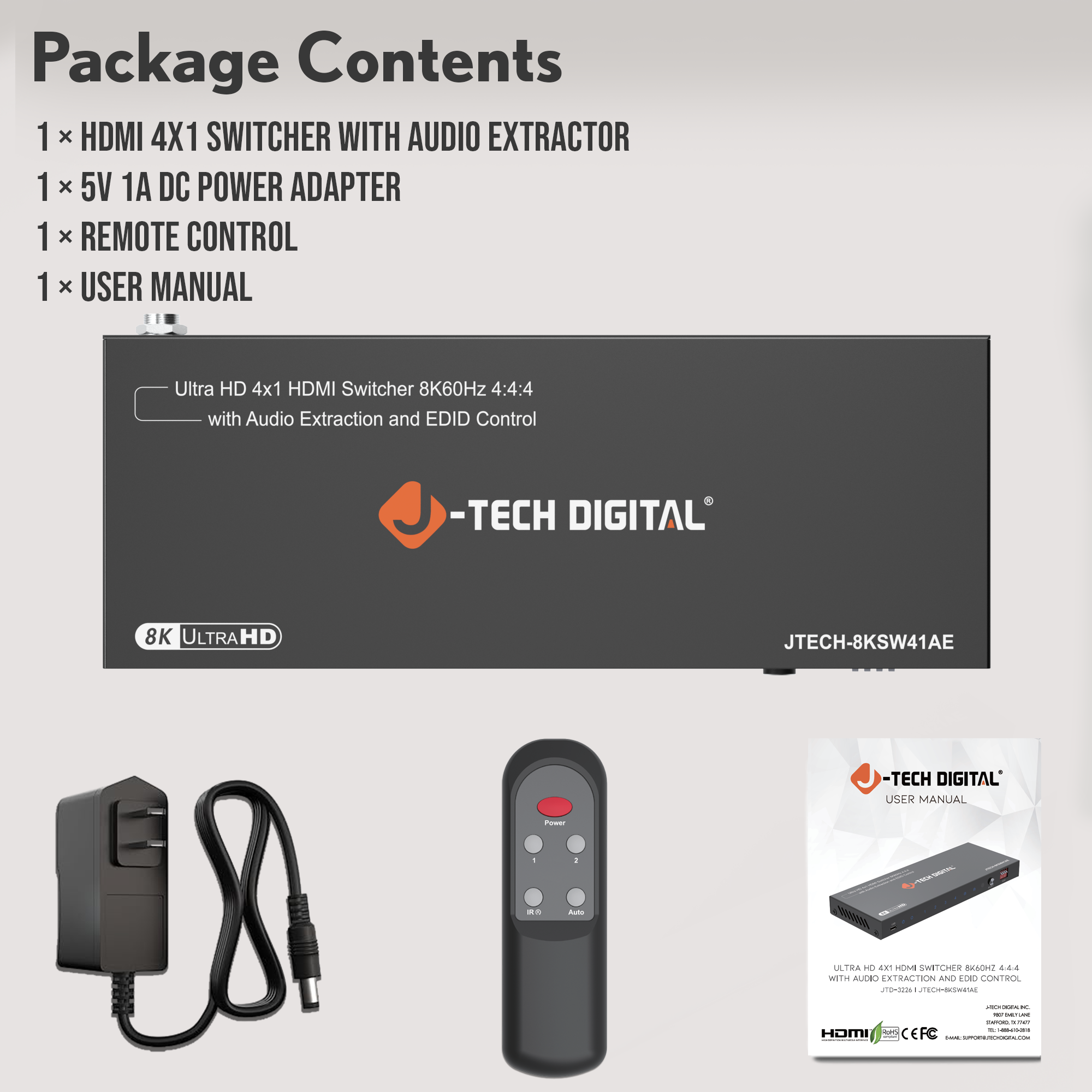 8K 60Hz HDMI Switch 4 In 1 Out with Audio Extraction