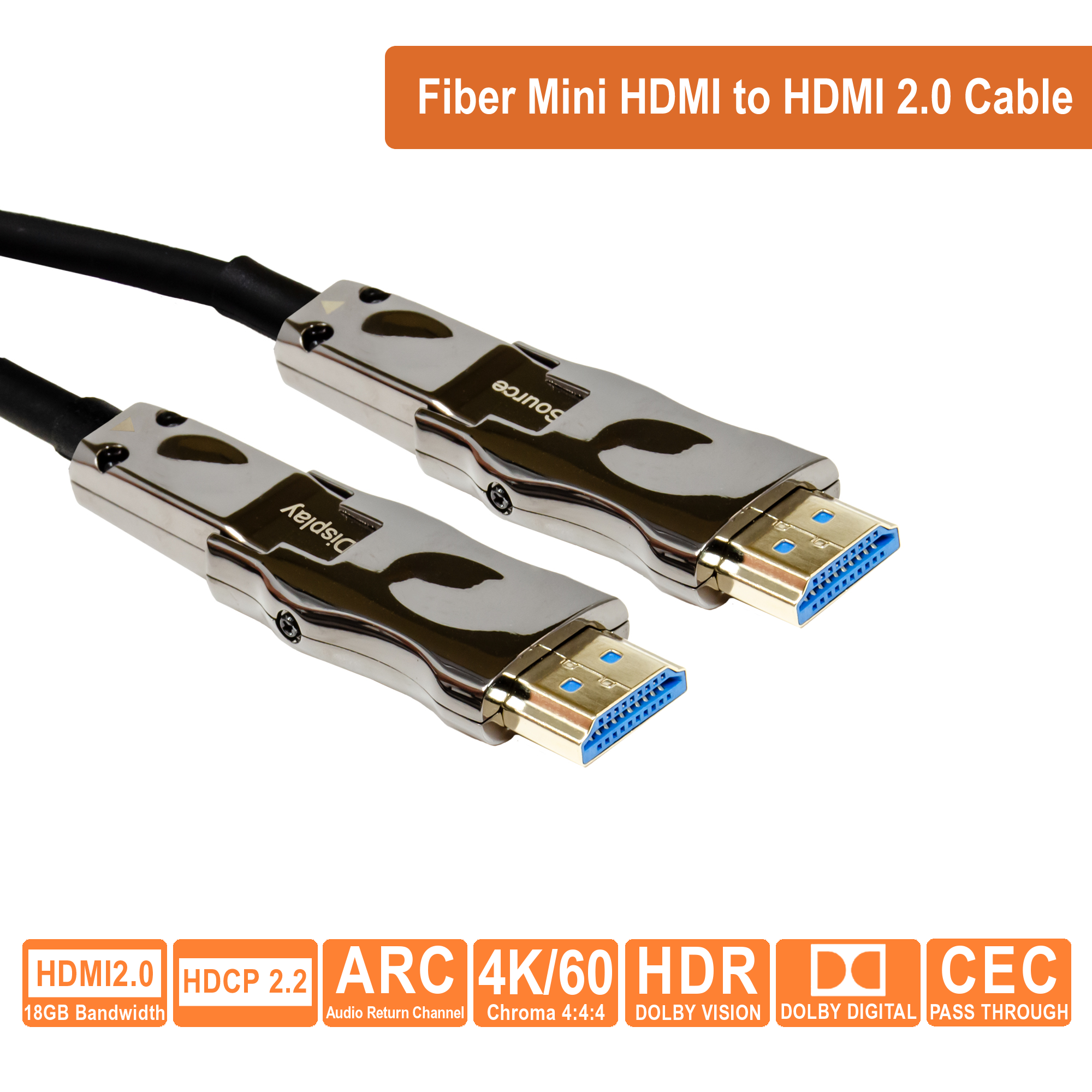 49ft Micro HDMI Active Fiber Optic Cable – 4K 60Hz, HDR, Removable HDMI Adapter