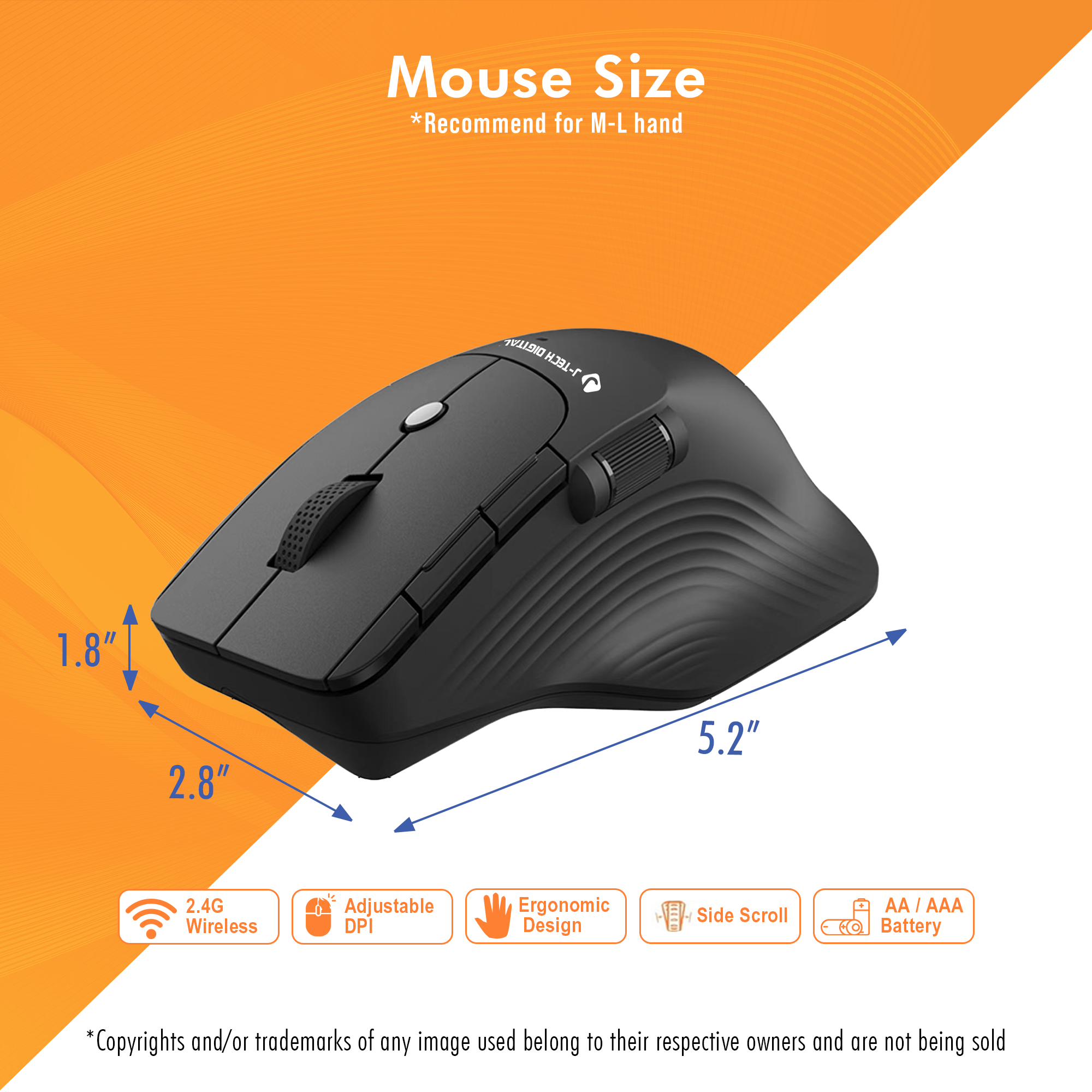 Wireless Ergonomic Mouse with Adjustable DPI, Side Thumb Scroll Wheel, and Comfortable Palm Rest (Black)