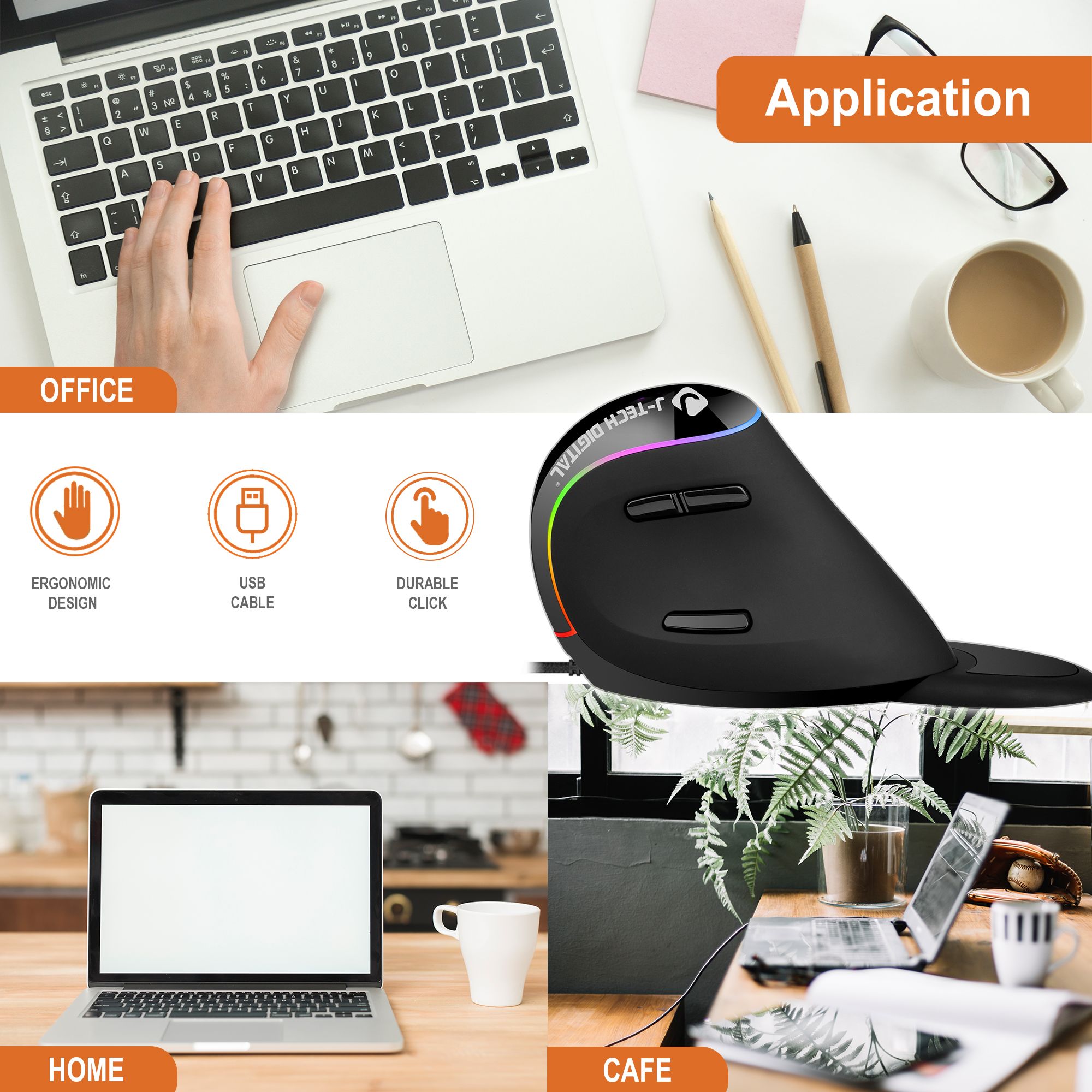 Wired Vertical Ergonomic Mouse with RGB Lighting, Adjustable DPI, Removable Palm Rest and 7 Customizable Buttons (Black)