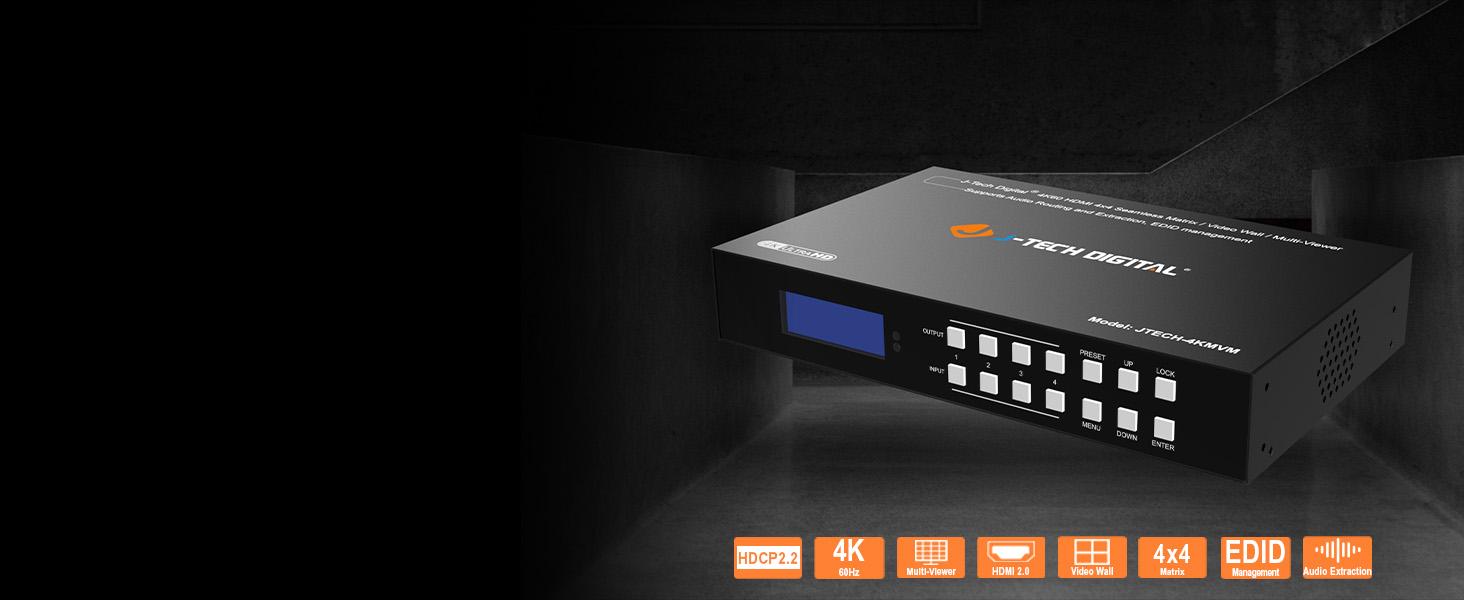 4K 4x4 HDMI Matrix, Video Wall Controller, Multiviewer | JTECH-4KMVM