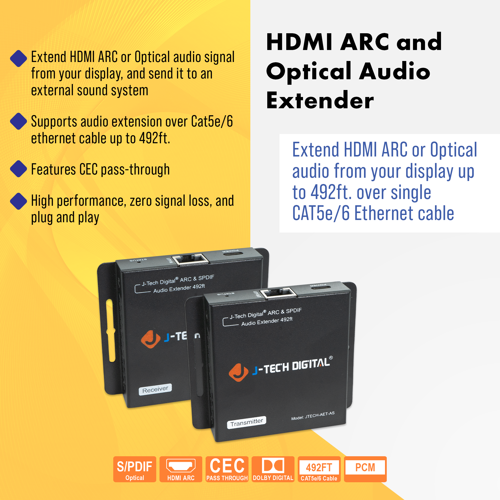 HDMI-ARC and SPDIF Optical Audio Extender over Ethernet CAT5e/6 (492ft)