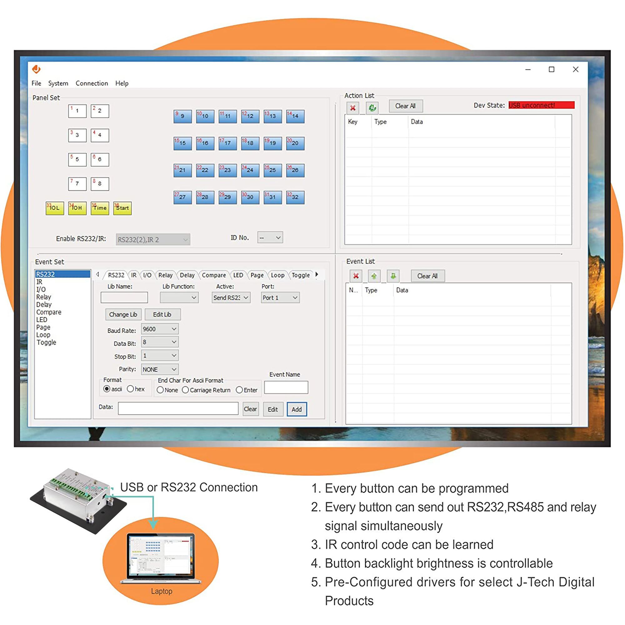 8-Button AV Control Panel Wall Plate with RS232 and IR Control (Black)
