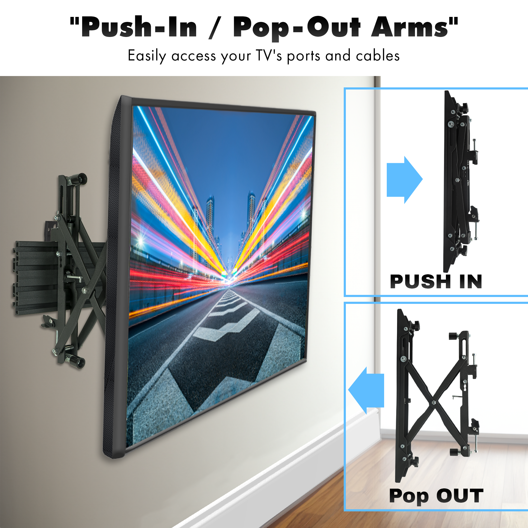 TV Video Wall Mount Kit 1000mm with Push-In Pop-Out Arms and Adjustable Tilt