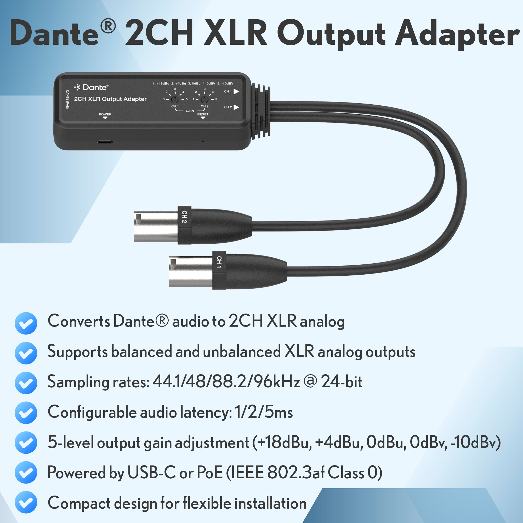 2-Channel Dante to XLR Audio Output Adapter