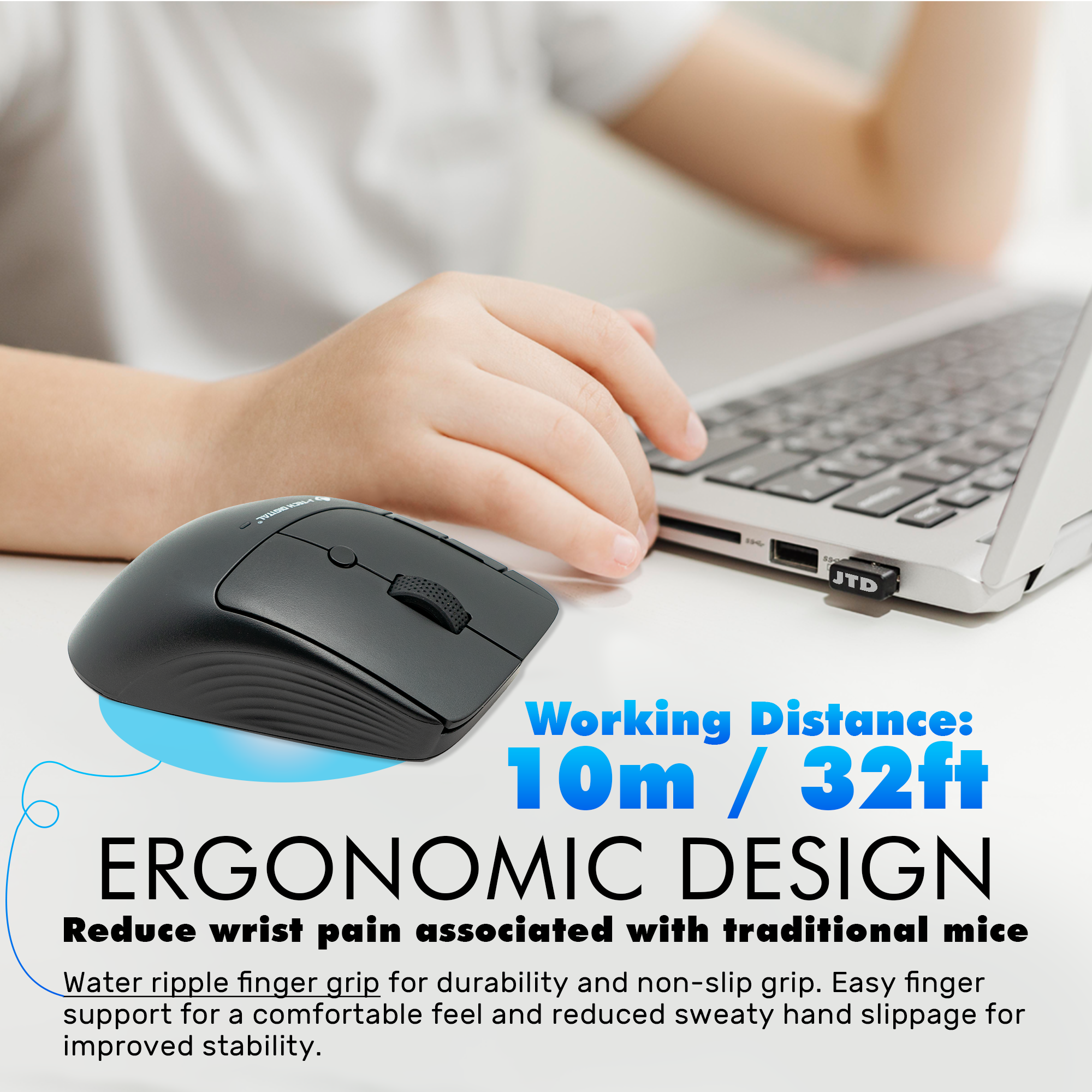Wireless Ergonomic Mouse with Adjustable DPI, Side Thumb Scroll Wheel, and Comfortable Palm Rest (Black)