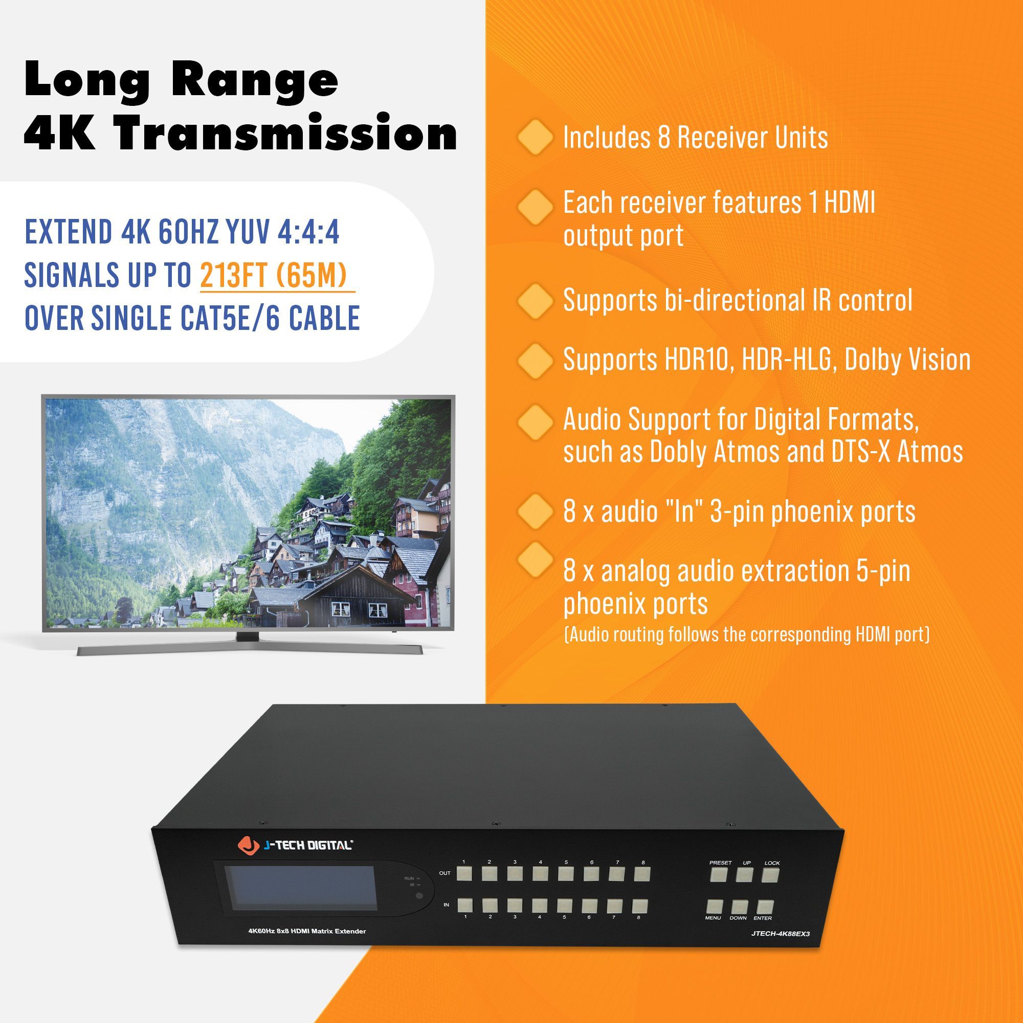 4K 60Hz 8x8 HDMI Matrix Extender Over Ethernet (213ft)