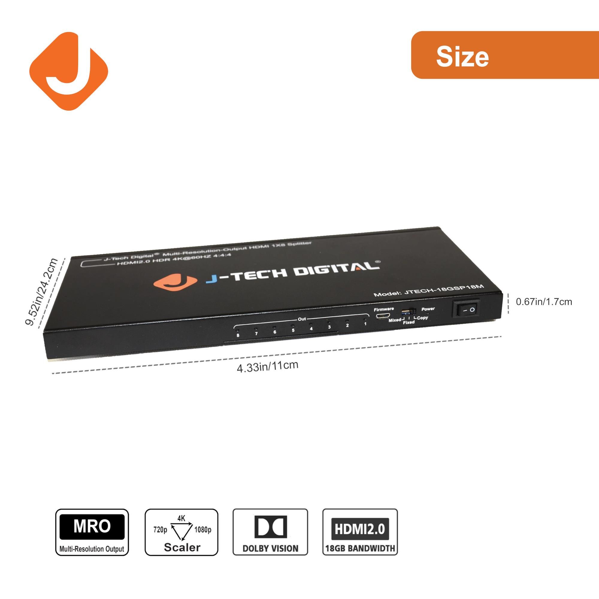 4K 60Hz 1x8 HDMI Splitter with Multi-Resolution Output (MRO) and EDID Copy