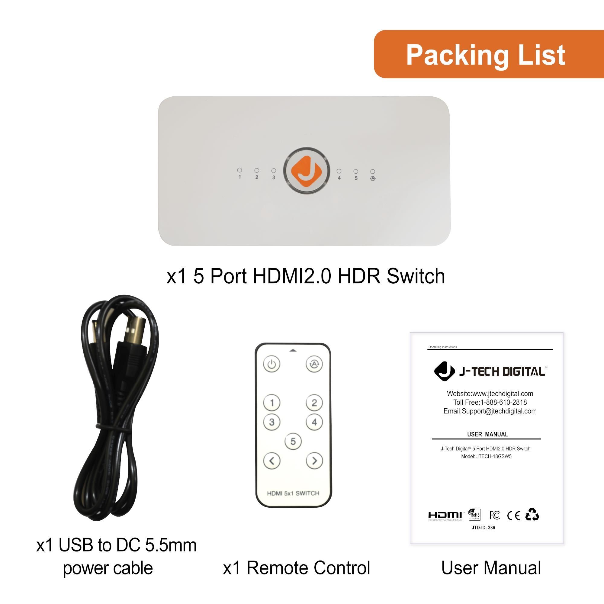 4K 60Hz 5x1 HDMI Switch with Auto-Switching
