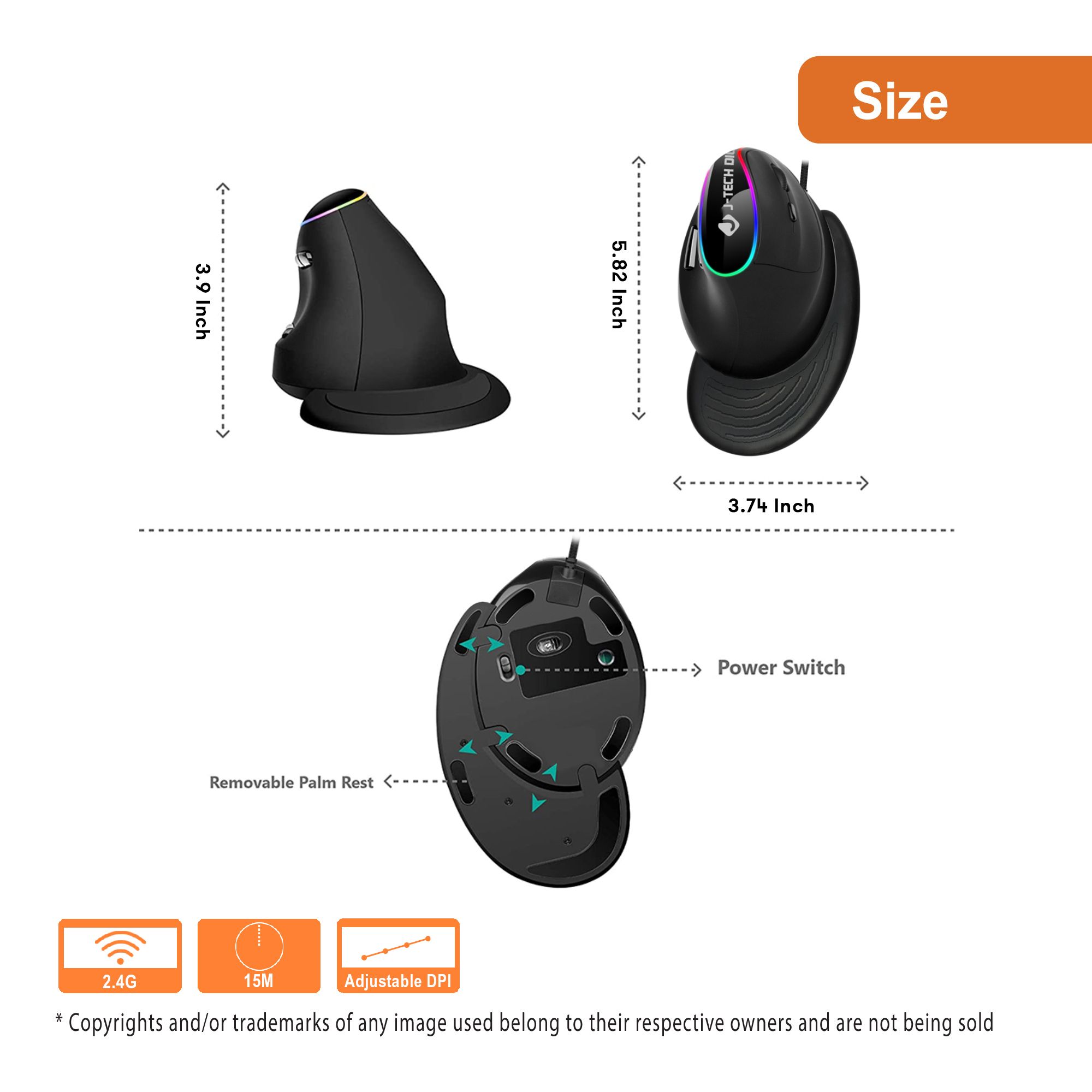 Wired Vertical Ergonomic Mouse with RGB Lighting, Adjustable DPI, Removable Palm Rest and 7 Customizable Buttons (Black)