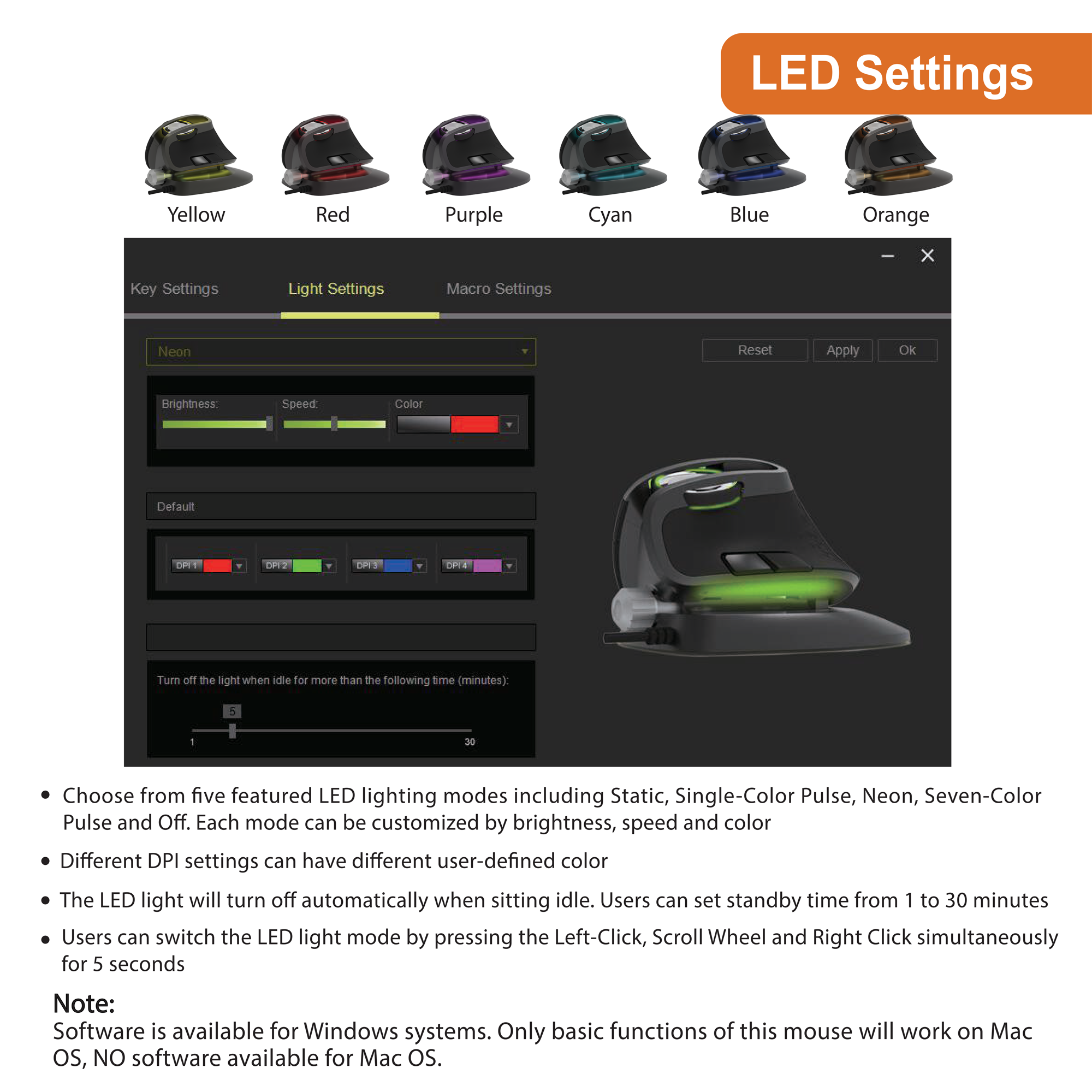 Wired Vertical Ergonomic Mouse for Large Hands – Adjustable Tilt, 4 DPI Settings, RGB LED Customization (Black)