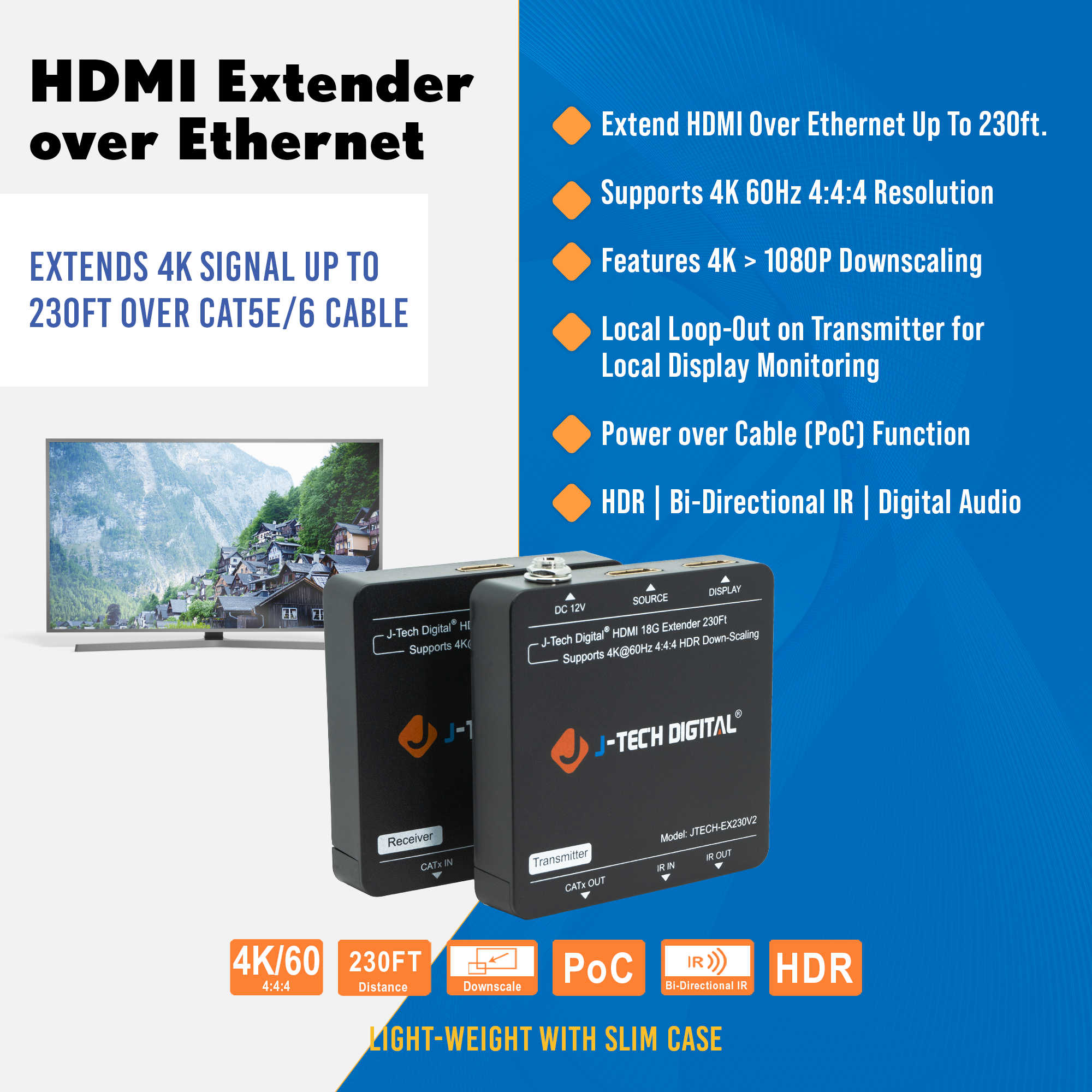 4K 60Hz HDMI Extender Over Ethernet with Downscaling and PoC (230ft.)