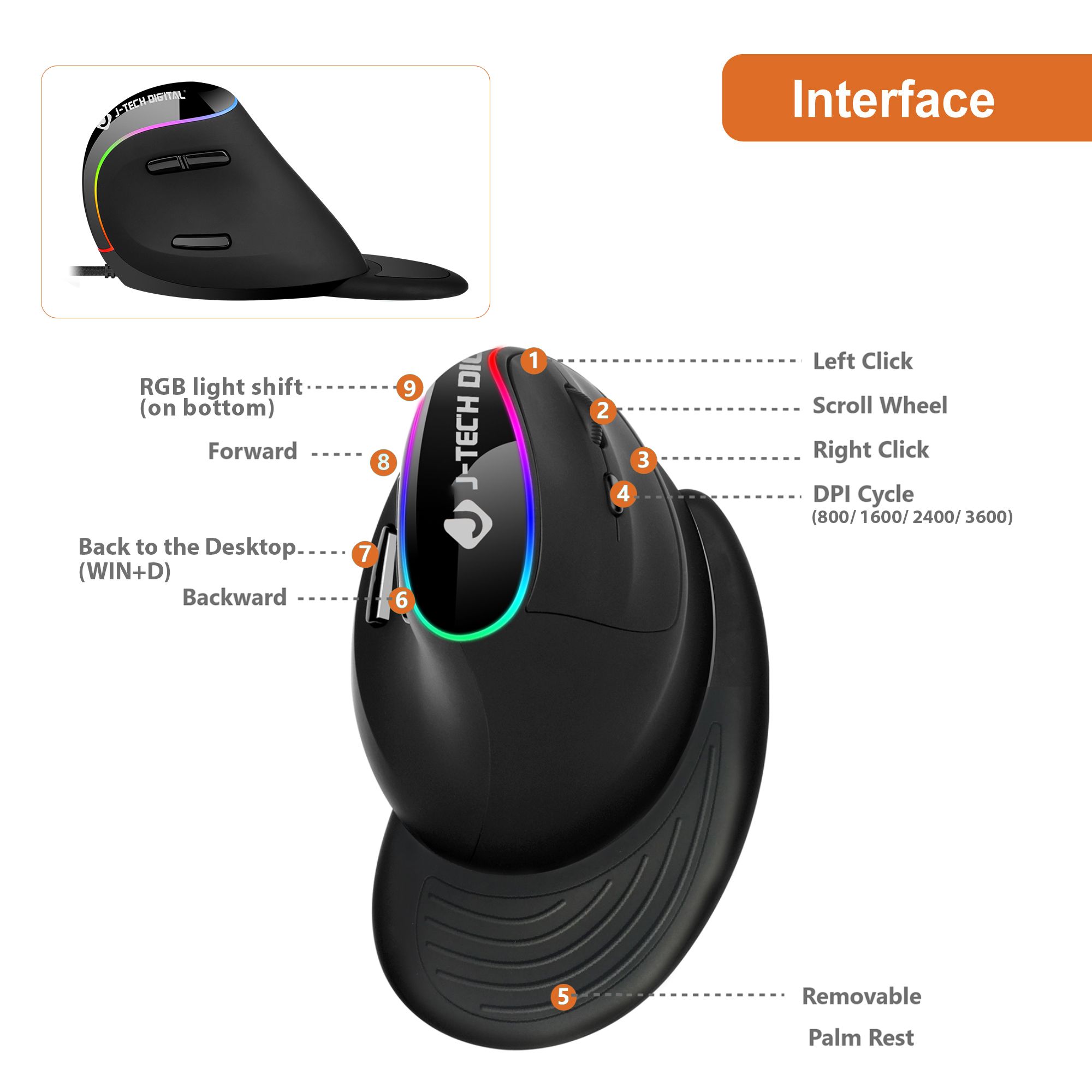 Wired Vertical Ergonomic Mouse with RGB Lighting, Adjustable DPI, Removable Palm Rest and 7 Customizable Buttons (Black)