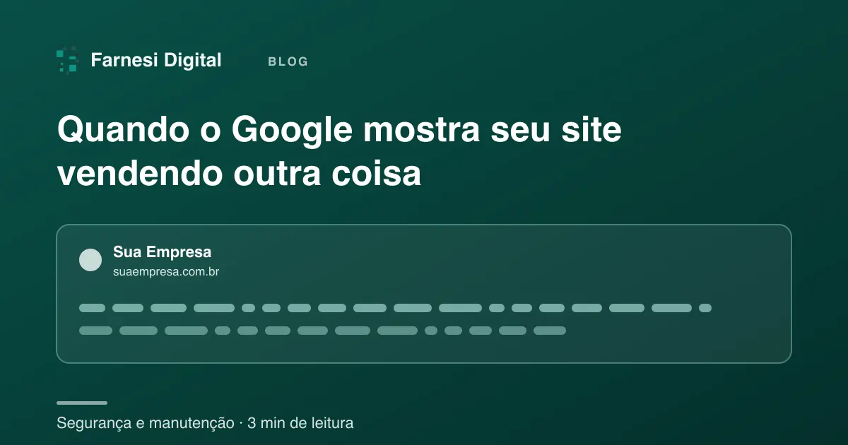 Resultado de busca com o nome de uma empresa e duas linhas ilegíveis embaixo: o site hackeado aparece no Google vendendo outra coisa