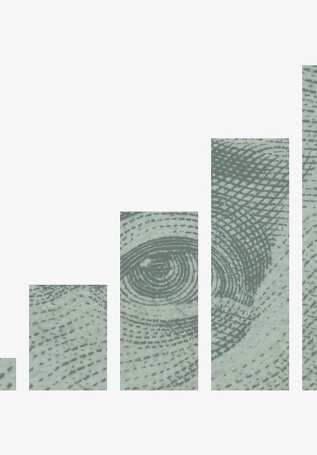 Wealth increasing over time as a bar chart with a background of a dollar bill