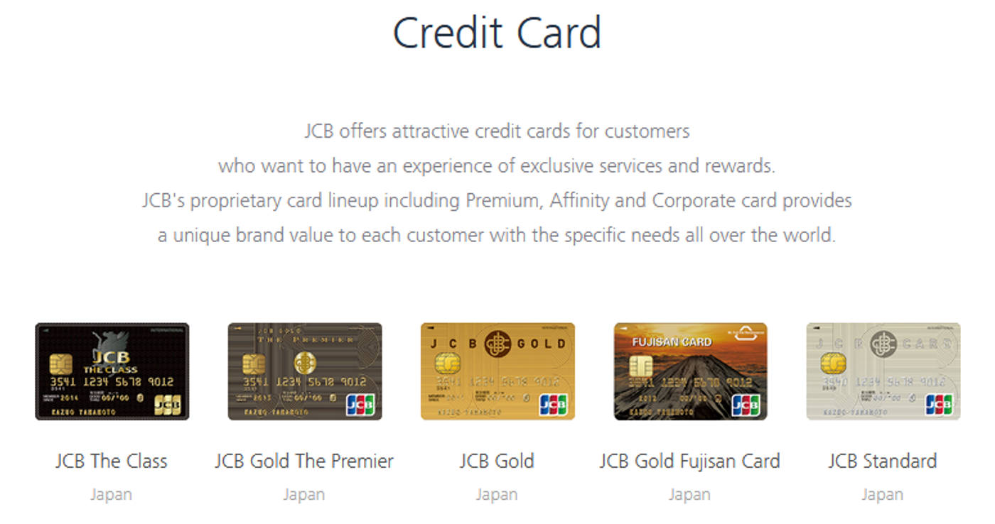 A lineup of JCB’s Japan credit cards.