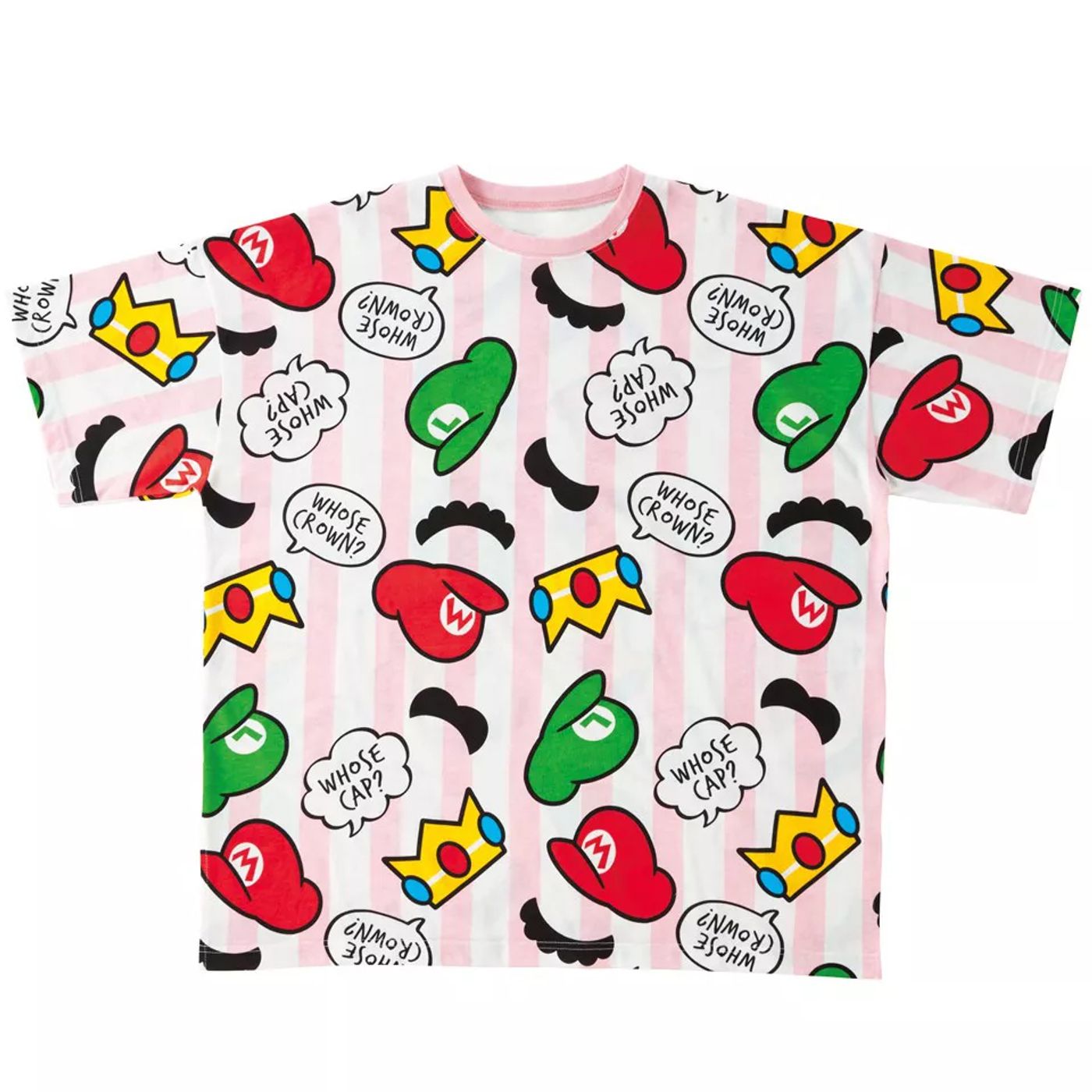 A shirt with Mario and Luigi hats and Peach's crowns