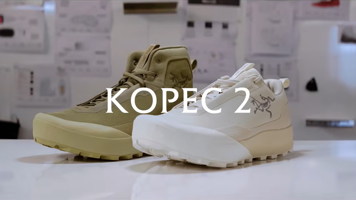 Tan boot and white Arc'teryx sneaker with "KOPEC 2" text overlay.